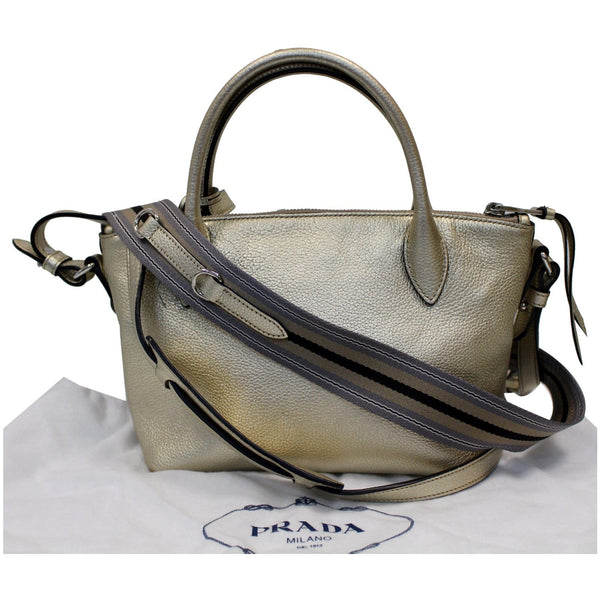 PRADA Small Daino Metallic Leather Tote Shoulder Bag Silver - Last Call