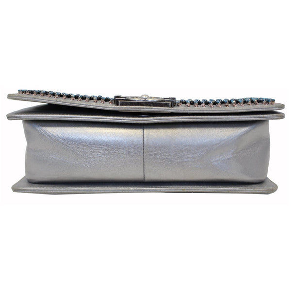 CHANEL Boy Medium Lambskin Leather Embroidered Shoulder Bag Silver-US