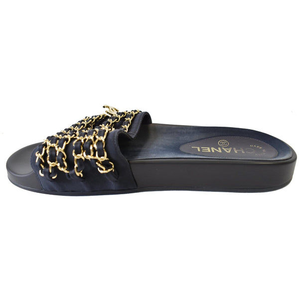 CHANEL Tropiconic Chain Fabric Mules Slides Sandals Black US 8