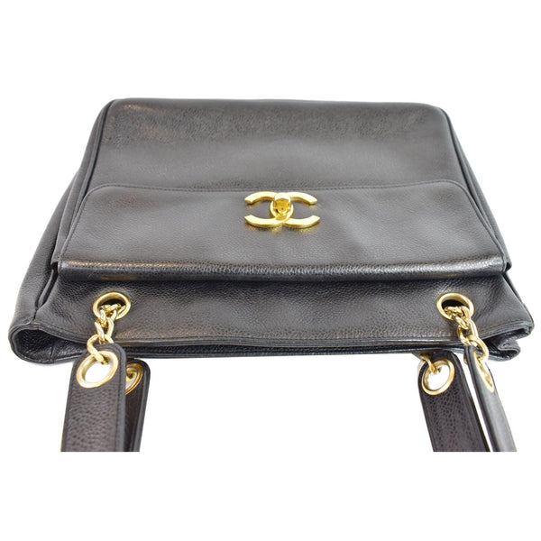 CHANEL Vintage Front Pocket Caviar Leather Tote Bag Black