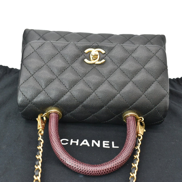 CHANEL Coco Mini Top Lizard Handle Caviar Leather Shoulder Bag Black