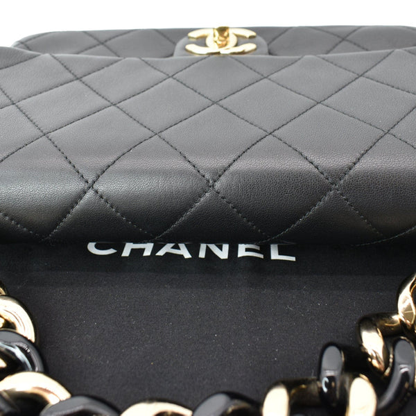CHANEL Elegant Resin Double Chain Flap Lambskin Shoulder Bag Black