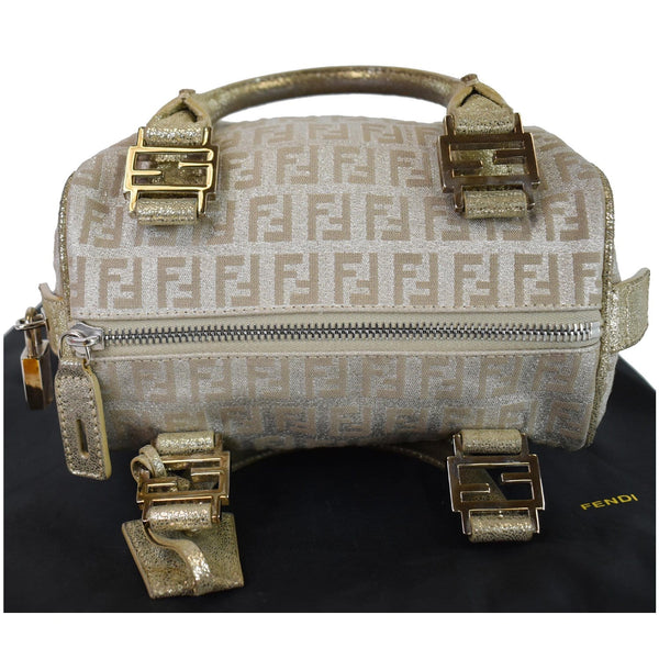 FENDI Selleria Zucca Canvas Leather Boston Bag Gold