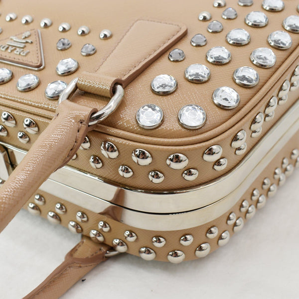 PRADA Vernice Crystal Small Frame Studded Saffiano Leather Top Handle Bag Beige