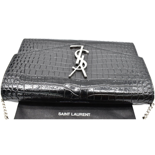 YVES SAINT LAURENT Uptown Crocodile-Embossed Crossbody Chain Wallet Black