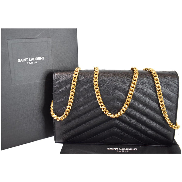 YVES SAINT LAURENT Matelasse Chevron Grain De Poudre Envelope Chain Wallet Black