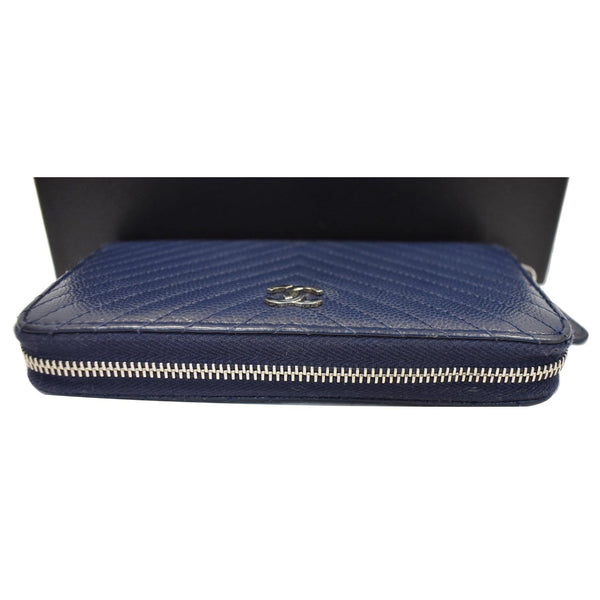 CHANEL Large Gusset Caviar Chevron Quilted Zip Around Wallet Bright Blue