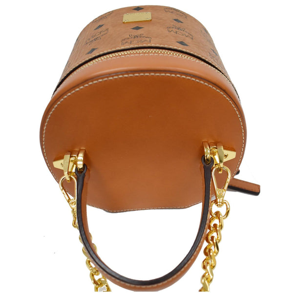 MCM Small Cylinder Visetos Monogram Leather Crossbody Bag Cognac