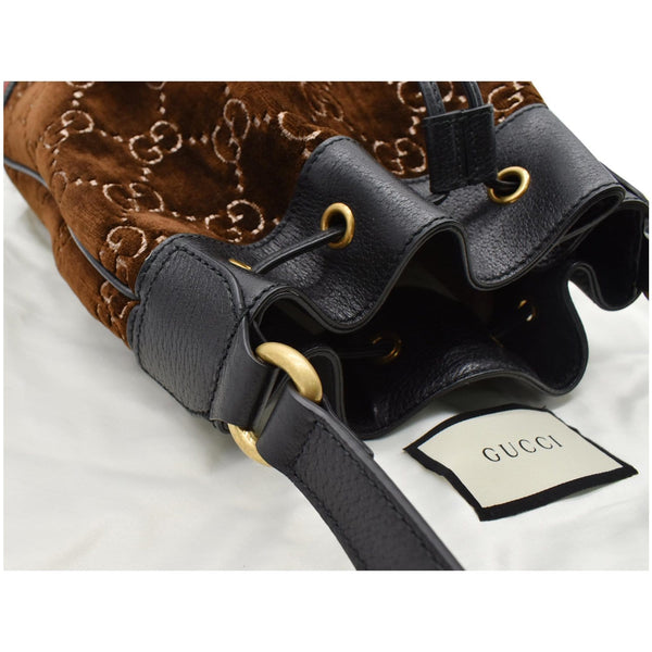GUCCI GG Monogram Web Velvet Bucket Bag Brown 574960