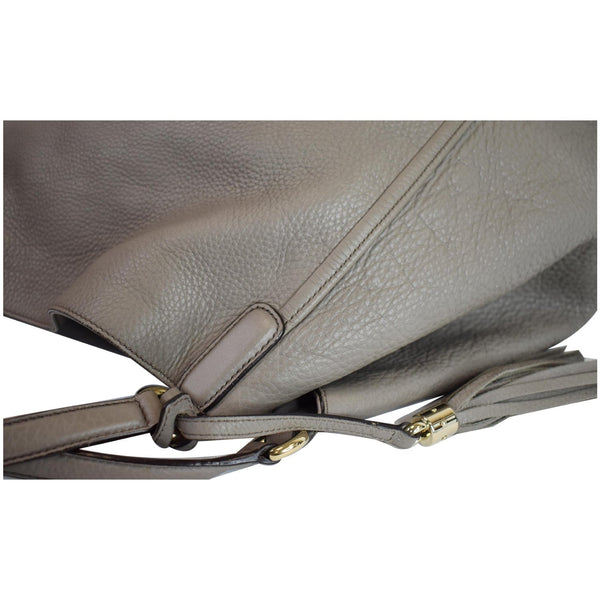Gucci Soho Top Handle Pebbled Leather Tote Bag Taupe - elegant corner view