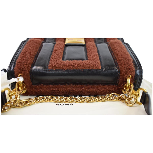 FENDI Kan U Medium Shearling Patent Leather Shoulder Bag Brown