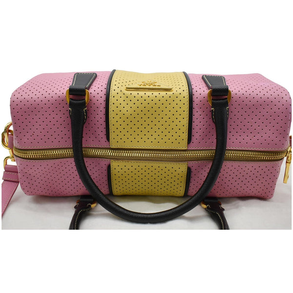 PRADA Bowling Perforated Saffiano Leather Satchel Bag Pink/Yellow