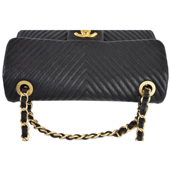 CHANEL Surpique Chevron Calfskin Classic Flap Shoulder Bag Black