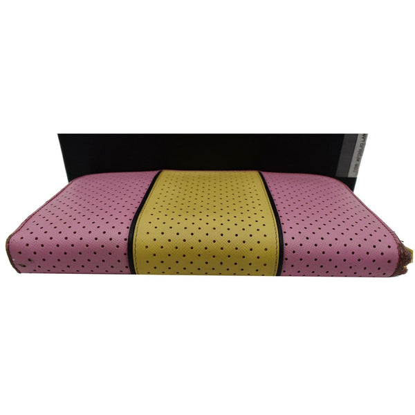 PRADA Striped Perforated Saffiano Leather Zip Around Wallet Pink/Yellow