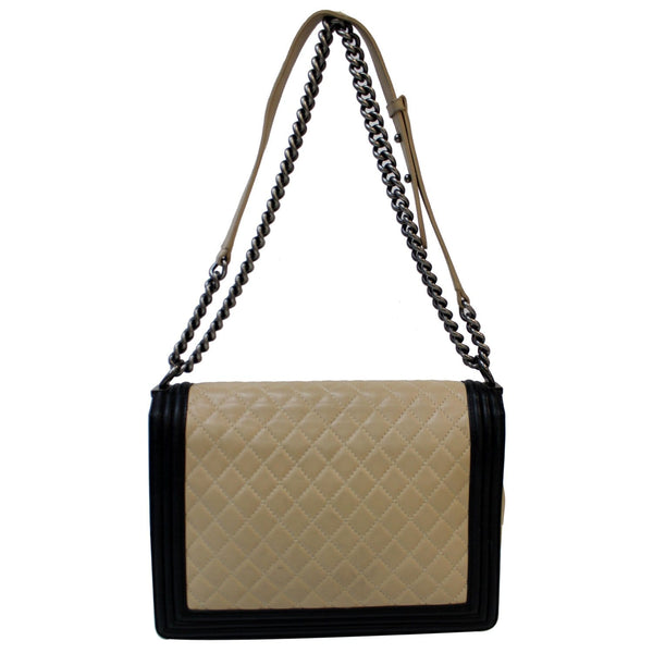CHANEL Bi-Color Large Boy Flap Quilted Lambskin Leather Shoulder Bag Beige