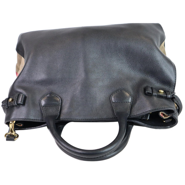 BURBERRY House Check Medium Banner Calf Leather Tote Bag Black