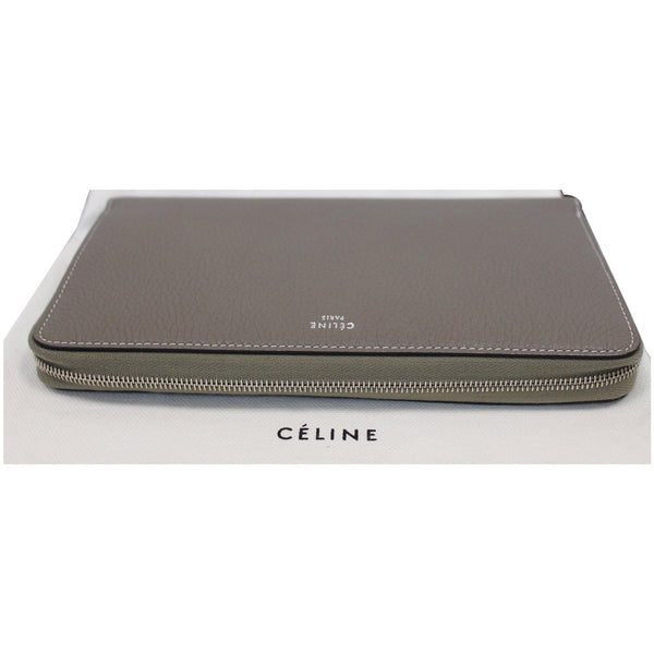 CELINE Large Zip Around Multifunction Drummed Calfskin Wallet Taupe Grey