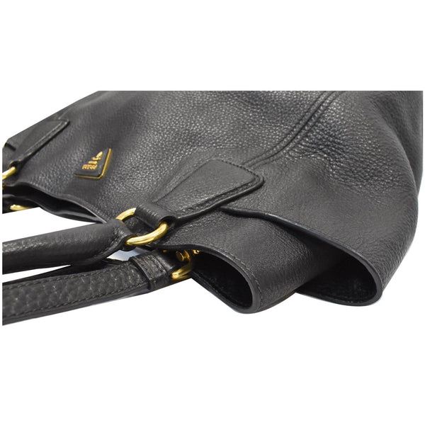 PRADA Vitello Daino Side-Pocket Leather Tote Shoulder Bag Black