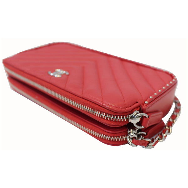 CHANEL Chevron Studded with Chain Lambskin Leather Shoulder Crossbody Bag Red-US