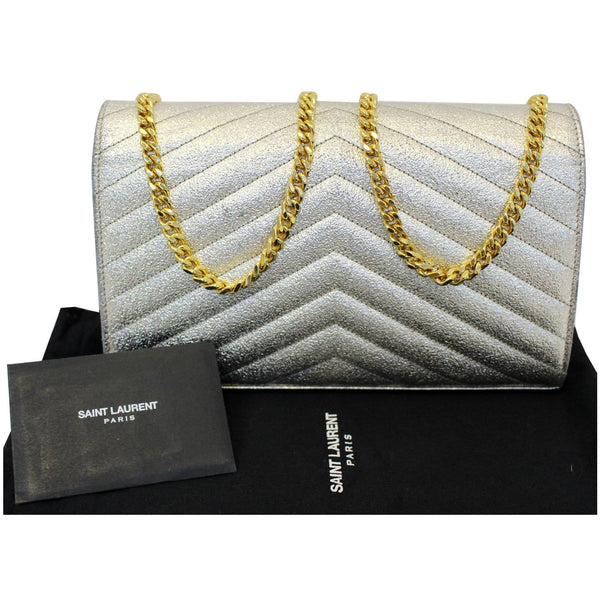 YVES SAINT LAURENT Chevron Leather Chain Wallet Shoulder Bag Silver