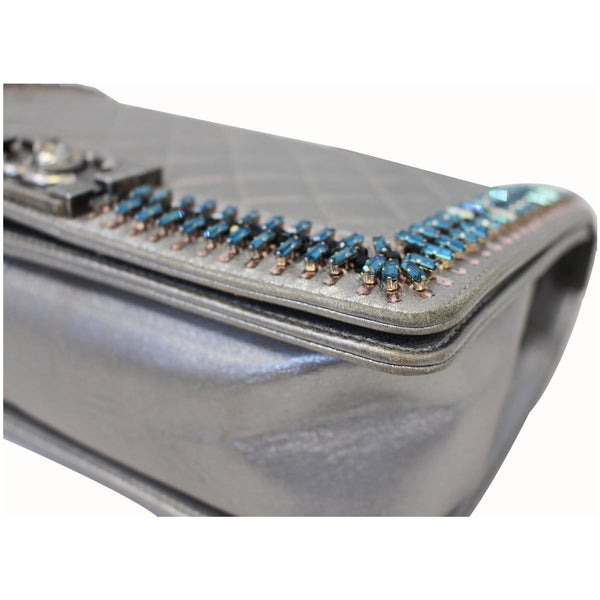 CHANEL Boy Medium Lambskin Leather Embroidered Shoulder Bag Silver-US