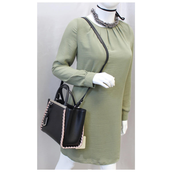 FENDI Petite 2Jours Whipstitch Leather Tote Shoulder Bag Black