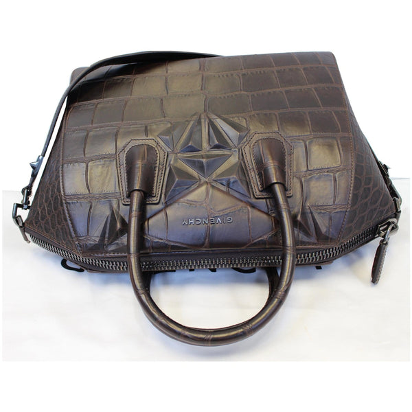 GIVENCHY Antigona Medium Croc Embossed Leather Satchel Shoulder Bag Brown