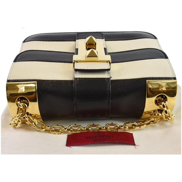 VALENTINO Striped B Rockstud Leather Shoulder Bag Ivory