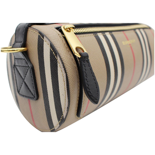 BURBERRY Icon Stripe E-canvas Leather Barrel Shoulder Bag Beige