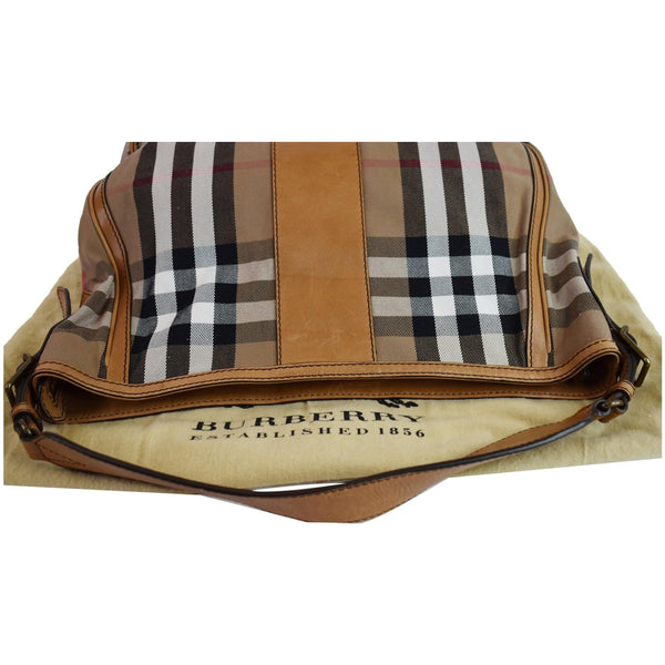 BURBERRY House Check Leather Hobo Bag Brown