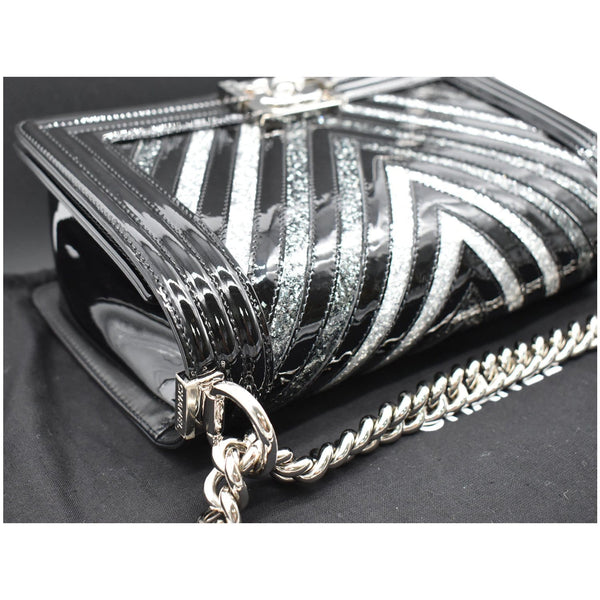 CHANEL Medium Boy Chevron Patent Glitter PVC Shoulder Bag Black