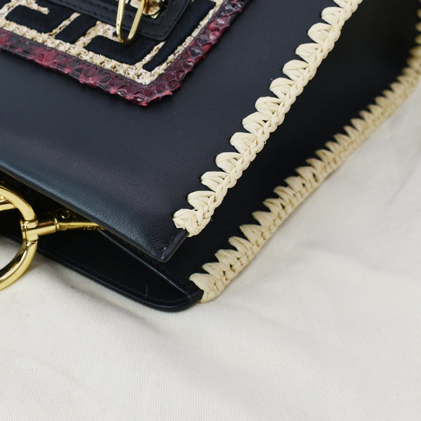 FENDI Raffia Embroidered Python Leather Shoulder Bag Black