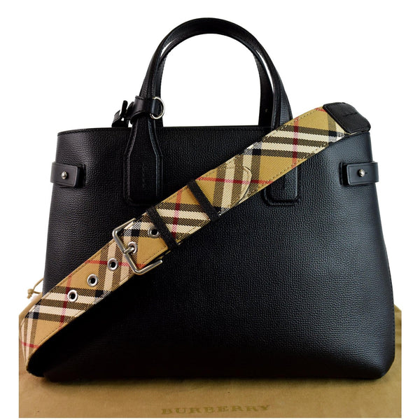 BURBERRY Medium Banner Derby Leather Tote Shoulder Bag Black