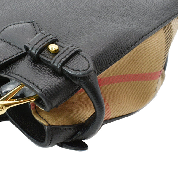 BURBERRY Derby Banner Small House Check Leather Tote Shoulder Bag Black