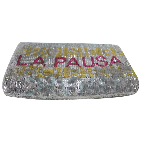 Chanel La Pausa Embroidered Satin Sequin Clutch Bag - Red/gold text | DDH