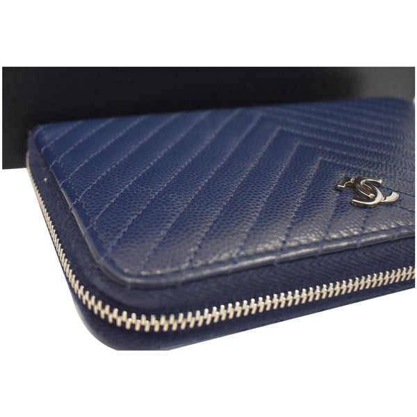 CHANEL Large Gusset Caviar Chevron Quilted Zip Around Wallet Bright Blue