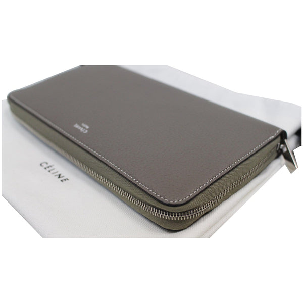 CELINE Large Zip Around Multifunction Drummed Calfskin Wallet Taupe Grey