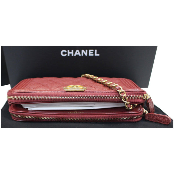 CHANEL Small Boy Caviar Quilted Clutch With Chain Shoulder Bag Red