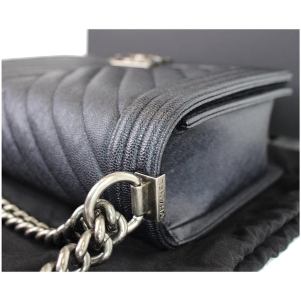 Chanel Boy New Medium Chevron Caviar Shoulder Bag Navy