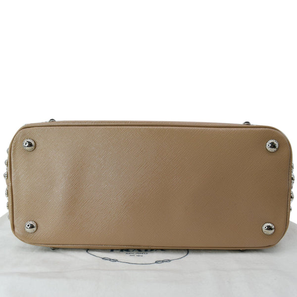 PRADA Women Vernice Crystal Studded Saffiano Leather Top Handle Shoulder Bag Beige