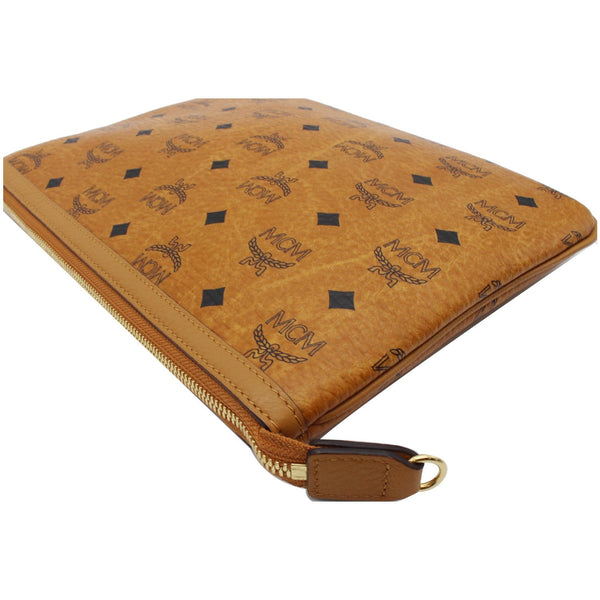 MCM Visetos Monogram Coated Canvas Wristlet Zip Pouch Cognac