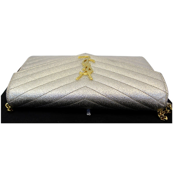 YVES SAINT LAURENT Chevron Leather Chain Wallet Shoulder Bag Silver
