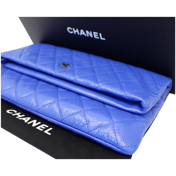 CHANEL Foldover Quilted Caviar Leather Clutch Bag Blue
