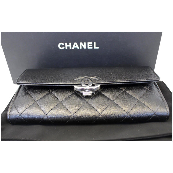CHANEL Grained Leather Long Flap Wallet Silver-Tone Metal