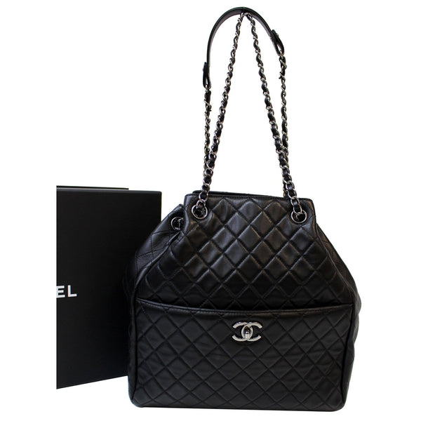 CHANEL Drawstring Bucket Quilted Lambskin Leather Shoulder Bag Black