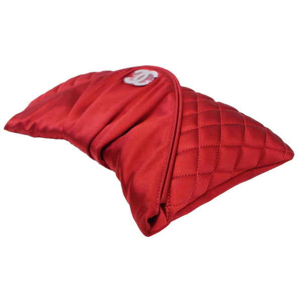 CHANEL CC Half Moon Quilted Satin Clutch Bag Red-US