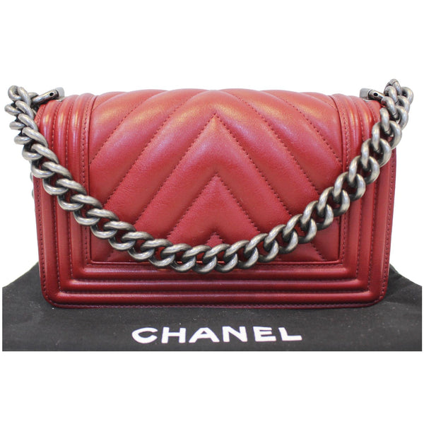 CHANEL Small Chevron Boy Calfskin Leather Flap Bag Burgundy