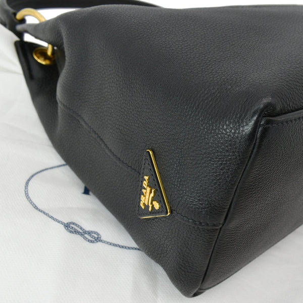 PRADA Vitello Phenix Leather Embossed Logo Hobo Bag Black