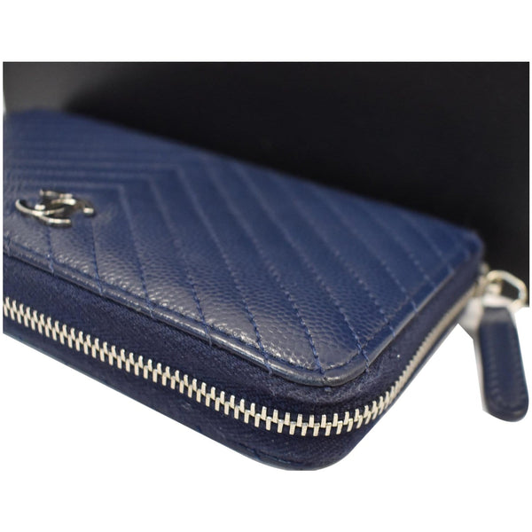 CHANEL Large Gusset Caviar Chevron Quilted Zip Around Wallet Bright Blue