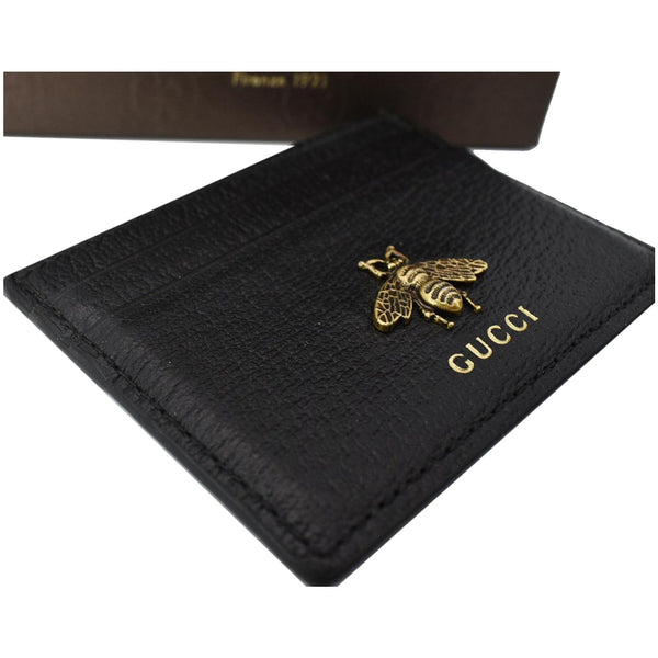 GUCCI Animalier Bee Leather Card Case Black 523685